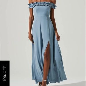 ASTR the label Venetia Off the Shoulder HEMMED for 5’4”-5’6” Dress Steel Blue